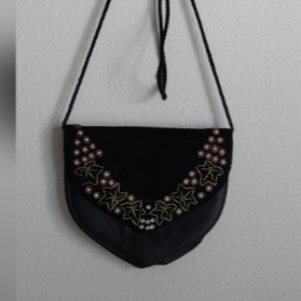 Crossbody Vintage Black Satin & Velvet Evening Bag Pearl & Gold Beaded A…